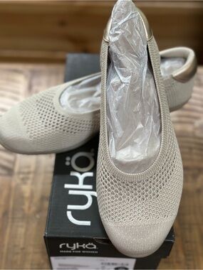 Ryka Knit Slip-On Ballet Flat in Light Beige with Gold Accent